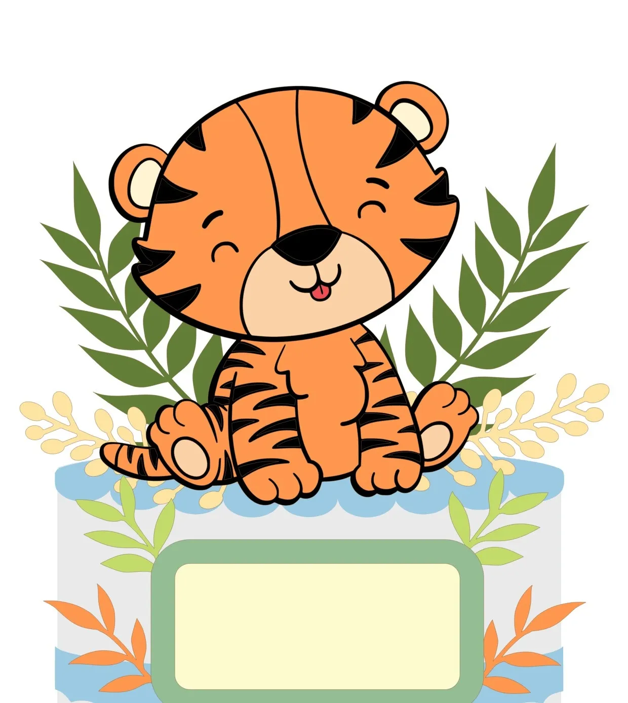Arquivo de corte digital de topo de bolo no tema de pequeno tigre em formato Studio para Silhouette, mostrando o filhote de tigrinho com listras pretas, folhagens tropicais e letras personalizadas prontas para o recorte em camadas tridimensionais.