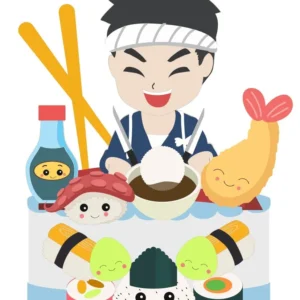 Topper de bolo divertido com peças de culinária japonesa exibindo sushis com ovas, niguiris de salmão e hossomakis sorridentes ao lado de um par de hashis e uma tigela de shoyu, dispostos em camadas tridimensionais em arquivo digital de corte.