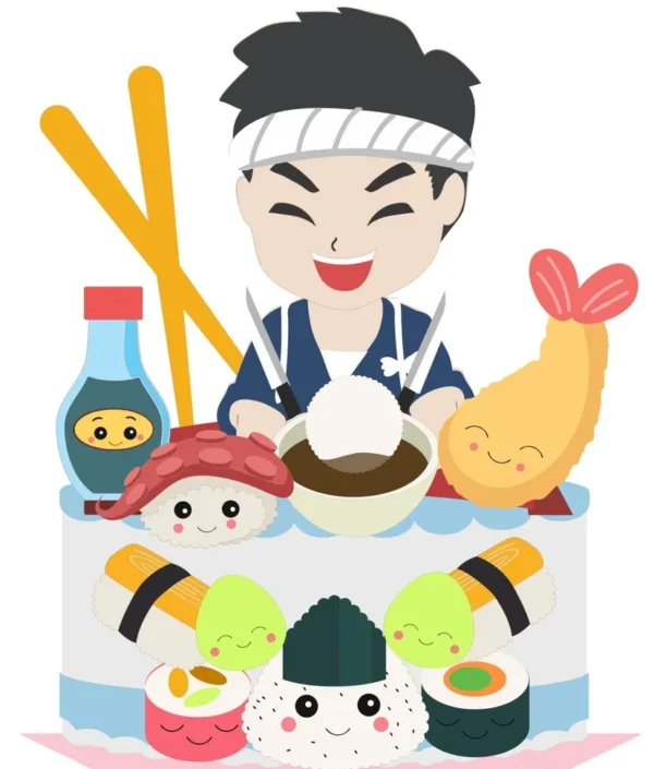 Topper de bolo divertido com peças de culinária japonesa exibindo sushis com ovas, niguiris de salmão e hossomakis sorridentes ao lado de um par de hashis e uma tigela de shoyu, dispostos em camadas tridimensionais em arquivo digital de corte.