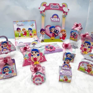 Decoração de festa infantil tema Vera e o Reino do Arco-Íris com topper de bolo em arquivo Studio.