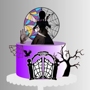 Topper de bolo com a personagem Wandinha Addams com suas tranças clássicas, o teto da janela gótica de moldura escura e a Mãozinha em camadas tridimensionais para decoração de festa em arquivo digital de corte.