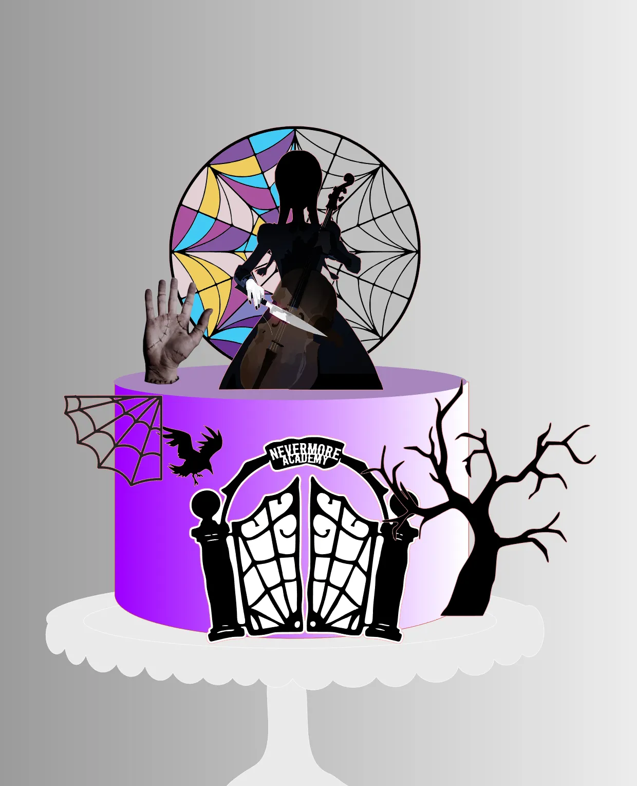 Topper de bolo com a personagem Wandinha Addams com suas tranças clássicas, o teto da janela gótica de moldura escura e a Mãozinha em camadas tridimensionais para decoração de festa em arquivo digital de corte.