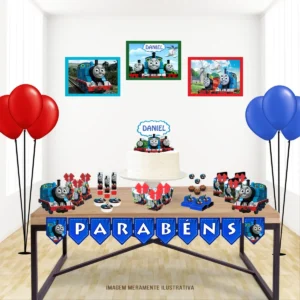 Kit de personalizados e topper com o trenzinho Thomas para decoração de festa infantil em arquivo digital de corte.