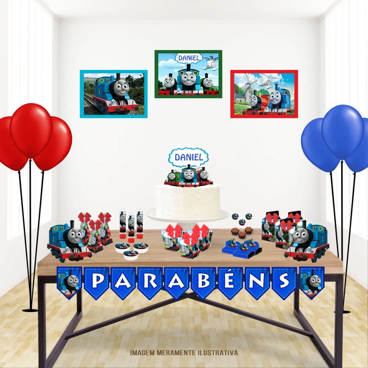 Kit de personalizados e topper com o trenzinho Thomas para decoração de festa infantil em arquivo digital de corte.