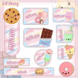 Etiquetas escolares personalizáveis com ilustrações temáticas de doces coloridos, pirulitos, bombons e cupcakes em fundo pastel, contendo campos em branco para preenchimento de nome, série e matéria.