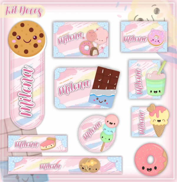 Etiquetas escolares personalizáveis com ilustrações temáticas de doces coloridos, pirulitos, bombons e cupcakes em fundo pastel, contendo campos em branco para preenchimento de nome, série e matéria.