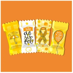 Gabarito digital de rótulos e embalagens para balas personalizadas com o laço da campanha de valorização da vida e mensagens de apoio, exibindo as linhas estruturadas de contorno e tamanhos para recorte.