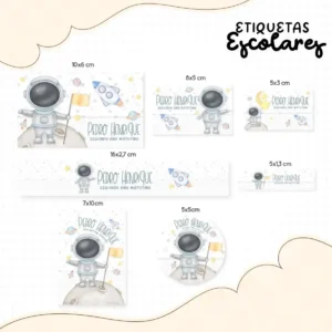 Conjunto de rótulos adesivos escolares em tamanhos variados com um simpático astronauta flutuando no espaço sideral próximo a planetas coloridos, estrelas brilhantes e foguetes, exibindo linhas de contorno em arquivo digital de corte.