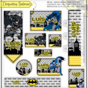 Conjunto de rótulos adesivos escolares em tamanhos variados com o herói Batman em posição de combate ao lado do batmóvel em fundo noturno com Gotham City, exibindo linhas guias em arquivo digital de corte.
