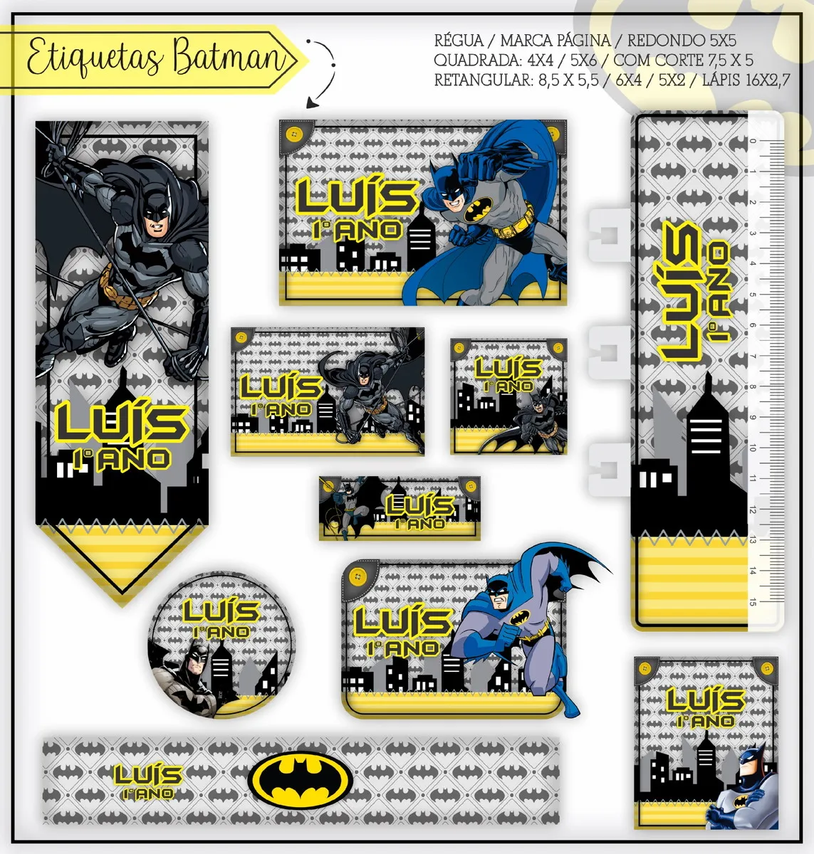 Conjunto de rótulos adesivos escolares em tamanhos variados com o herói Batman em posição de combate ao lado do batmóvel em fundo noturno com Gotham City, exibindo linhas guias em arquivo digital de corte.