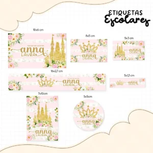 Molde digital de etiquetas escolares com a ilustração de um grande castelo de princesa rosa e dourado, exibindo caixas de texto em branco totalmente editáveis e contornos delicados.