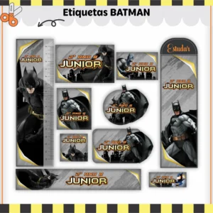 Conjunto de adesivos organizadores retangulares e circulares com a silhueta do morcego e o herói Batman em Gotham City durante a noite, exibindo margens limpas e guias de corte em arquivo digital de corte.