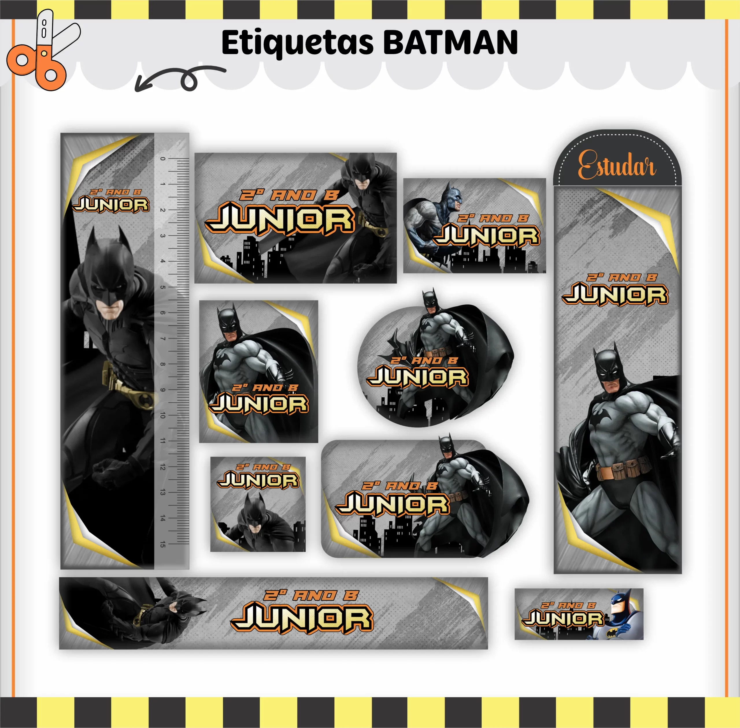 Conjunto de adesivos organizadores retangulares e circulares com a silhueta do morcego e o herói Batman em Gotham City durante a noite, exibindo margens limpas e guias de corte em arquivo digital de corte.
