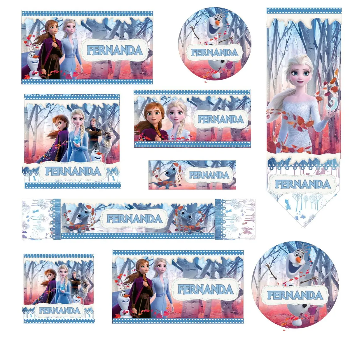 Conjunto de rótulos adesivos retangulares e redondos ilustrados com as personagens Elsa e Anna em um fundo de flocos de neve brilhantes e tons de azul, contendo linhas guias de corte em arquivo digital de corte.