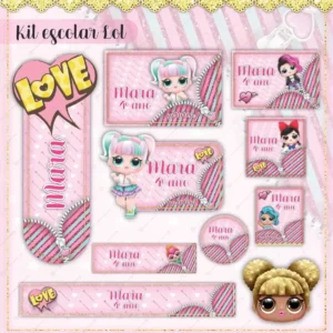 Conjunto de rótulos adesivos escolares em tamanhos variados com as bonecas Lol Surprise exibindo cabelos coloridos e óculos escuros estilosos em um fundo moderno com glitter rosa, azul e dourado, exibindo linhas de contorno em arquivo digital de corte.