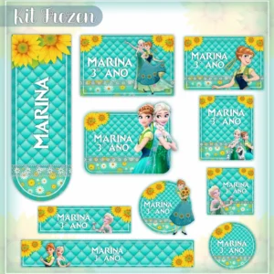 Conjunto de rótulos adesivos escolares em tamanhos variados com as personagens Elsa e Anna sorrindo em um fundo de flocos de neve brilhantes e tons pastéis de azul e roxo, exibindo linhas de contorno em arquivo digital de corte.
