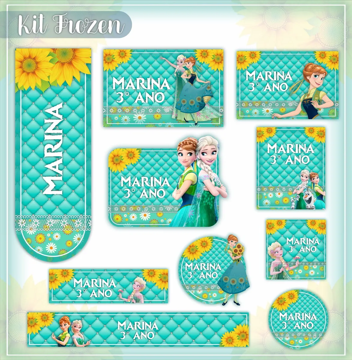Conjunto de rótulos adesivos escolares em tamanhos variados com as personagens Elsa e Anna sorrindo em um fundo de flocos de neve brilhantes e tons pastéis de azul e roxo, exibindo linhas de contorno em arquivo digital de corte.