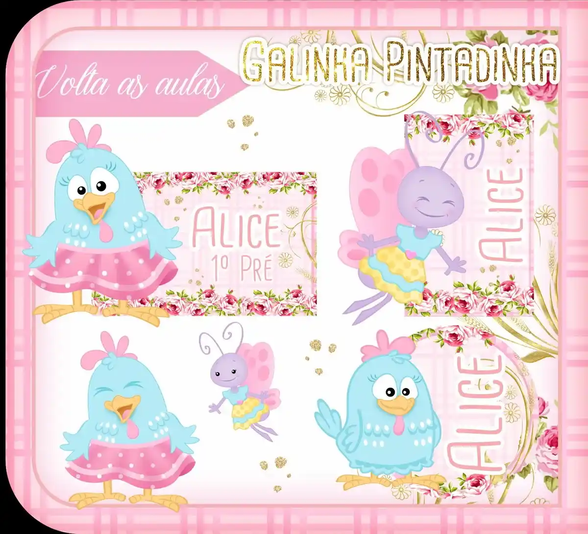 Conjunto de rótulos adesivos escolares em tamanhos variados com a carismática personagem Galinha Pintadinha azul e seus amigos em um fundo decorado com poás brancos e notas musicais, exibindo linhas de contorno em arquivo digital de corte.