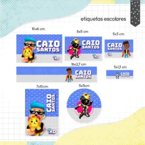 Molde digital de etiquetas escolares do Gato Galáctico com fundos espaciais em azul e roxo, exibindo caixas de texto editáveis em branco sobrepostas por planetas e o personagem de capuz.