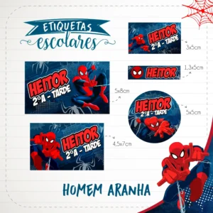Gabarito digital de rótulo adesivo escolar personalizado com o herói Homem Aranha em pose de ação soltando teias, cercado por texturas de teias e fundo urbano, exibindo linhas de contorno precisas para recorte.