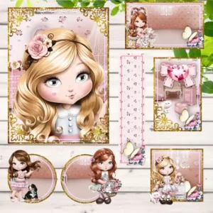 Etiquetas escolares personalizadas com a personagem Jolie para organização de cadernos e materiais.