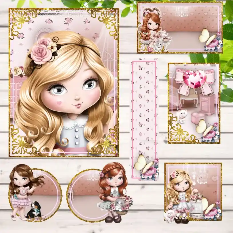 Etiquetas escolares personalizadas com a personagem Jolie para organização de cadernos e materiais.