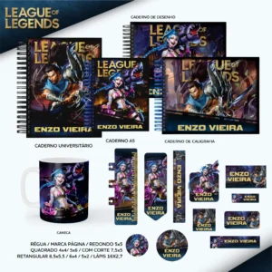 Conjunto de rótulos adesivos escolares em tamanhos variados com campeões icônicos de League of Legends em poses de batalha sobre um fundo épico com runas e fendas de invocador em tons de azul e dourado, exibindo linhas de contorno em arquivo digital de corte.