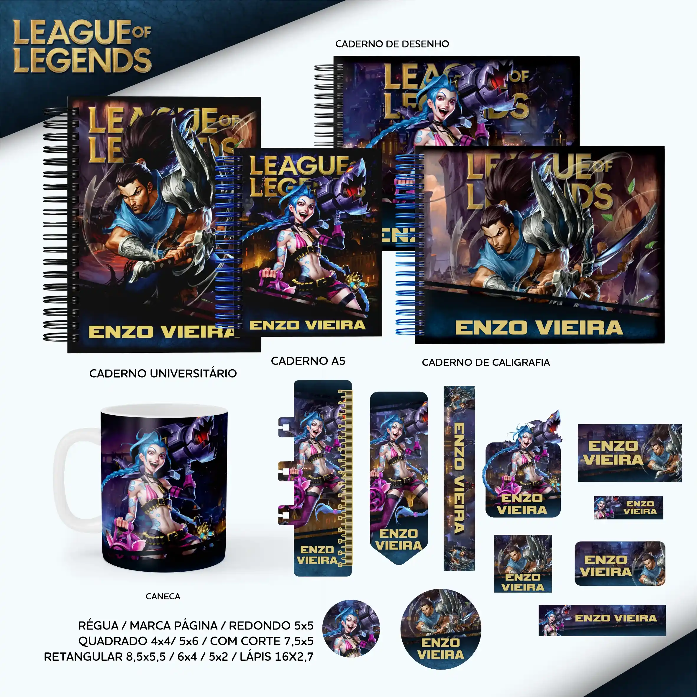 Conjunto de rótulos adesivos escolares em tamanhos variados com campeões icônicos de League of Legends em poses de batalha sobre um fundo épico com runas e fendas de invocador em tons de azul e dourado, exibindo linhas de contorno em arquivo digital de corte.
