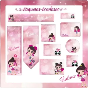 Etiquetas escolares personalizadas com o tema da Luluca para editar e organizar materiais e cadernos.