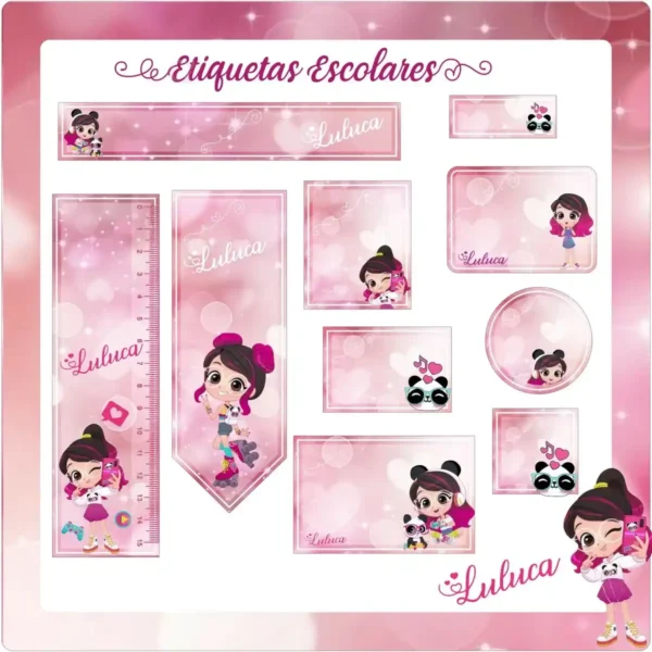 Etiquetas escolares personalizadas com o tema da Luluca para editar e organizar materiais e cadernos.