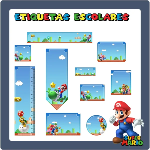 Etiquetas escolares personalizadas com o tema Mario Bros para editar e organizar materiais de escrita.