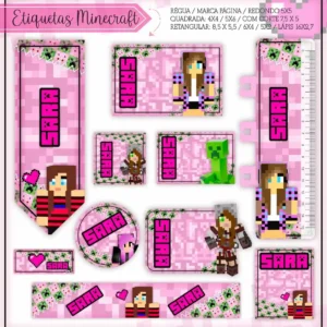 Gabarito digital de rótulos adesivos escolares no tema Minecraft em tons de rosa e roxo com a personagem Alex e blocos pixelados, exibindo as linhas estruturadas de contorno e tamanho para recorte.