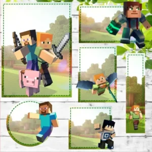 Gabarito digital de identificação escolar com design de blocos pixelados e texturas do jogo Minecraft, exibindo as linhas estruturadas de contorno e camadas para recorte na Silhouette.