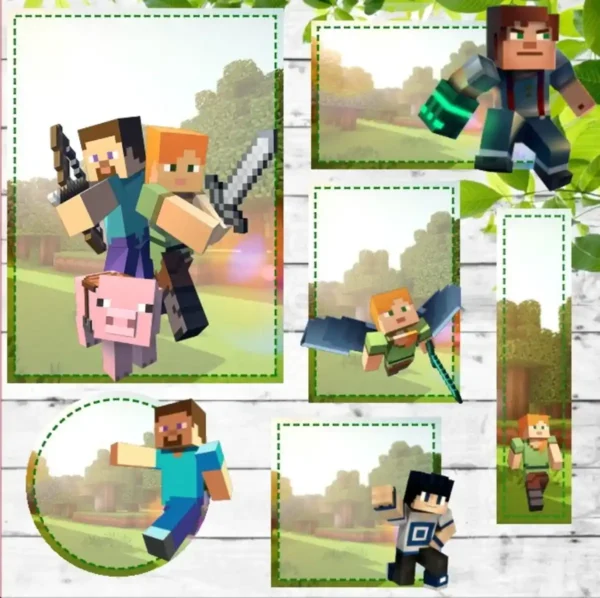 Gabarito digital de identificação escolar com design de blocos pixelados e texturas do jogo Minecraft, exibindo as linhas estruturadas de contorno e camadas para recorte na Silhouette.