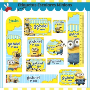 Conjunto de rótulos adesivos escolares em tamanhos variados com os divertidos e amarelos personagens Minions sorrindo e fazendo poses engraçadas sobre um fundo azul e amarelo vibrante com detalhes de engrenagens, exibindo linhas de contorno em arquivo digital de corte.