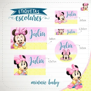 Conjunto de rótulos adesivos escolares em tamanhos variados com a personagem Minnie Baby sentada sorrindo usando um laço rosa, em fundo delicado com poás e listras pastéis, exibindo linhas de contorno em arquivo digital de corte.