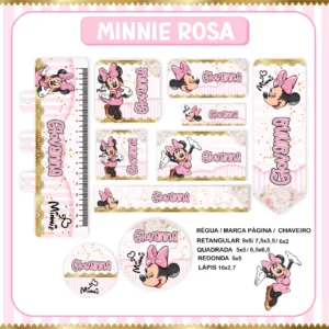 Conjunto de rótulos adesivos escolares em tamanhos variados com o rosto da personagem Minnie Mouse exibindo seu laço clássico em uma estampa moderna com padrões geométricos e poás, mostrando linhas de contorno em arquivo digital de corte.