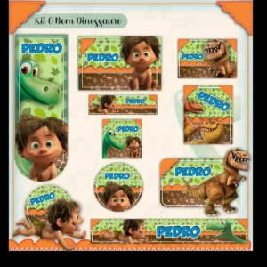 onjunto de rótulos adesivos escolares em tamanhos variados com o dócil dinossauro verde Arlo e seu pequeno amigo humano Spot sorridentes sobre um fundo pré-histórico com montanhas, florestas e céu ensolarado, exibindo linhas de contorno em arquivo digital de corte.