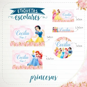 Molde digital de etiquetas escolares com o tema Princesas Disney, exibindo caixas de texto em branco totalmente editáveis sobre fundos delicados com coroas e detalhes florais.
