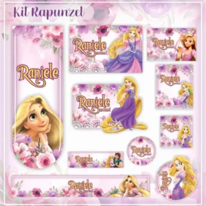 Conjunto de rótulos adesivos escolares em tamanhos variados com a princesa Rapunzel exibindo seus longos cabelos dourados ao lado do camaleão Pascal em um fundo lilás decorado com a lanterna flutuante e flores delicadas, mostrando linhas de contorno em arquivo digital de corte.