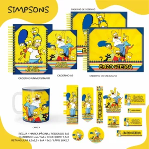 Conjunto de rótulos adesivos escolares em tamanhos variados com os personagens Homer, Marge, Bart, Lisa e Maggie da família Simpsons sorridentes sobre um fundo amarelo vibrante decorado com nuvens brancas, exibindo linhas de contorno em arquivo digital de corte.