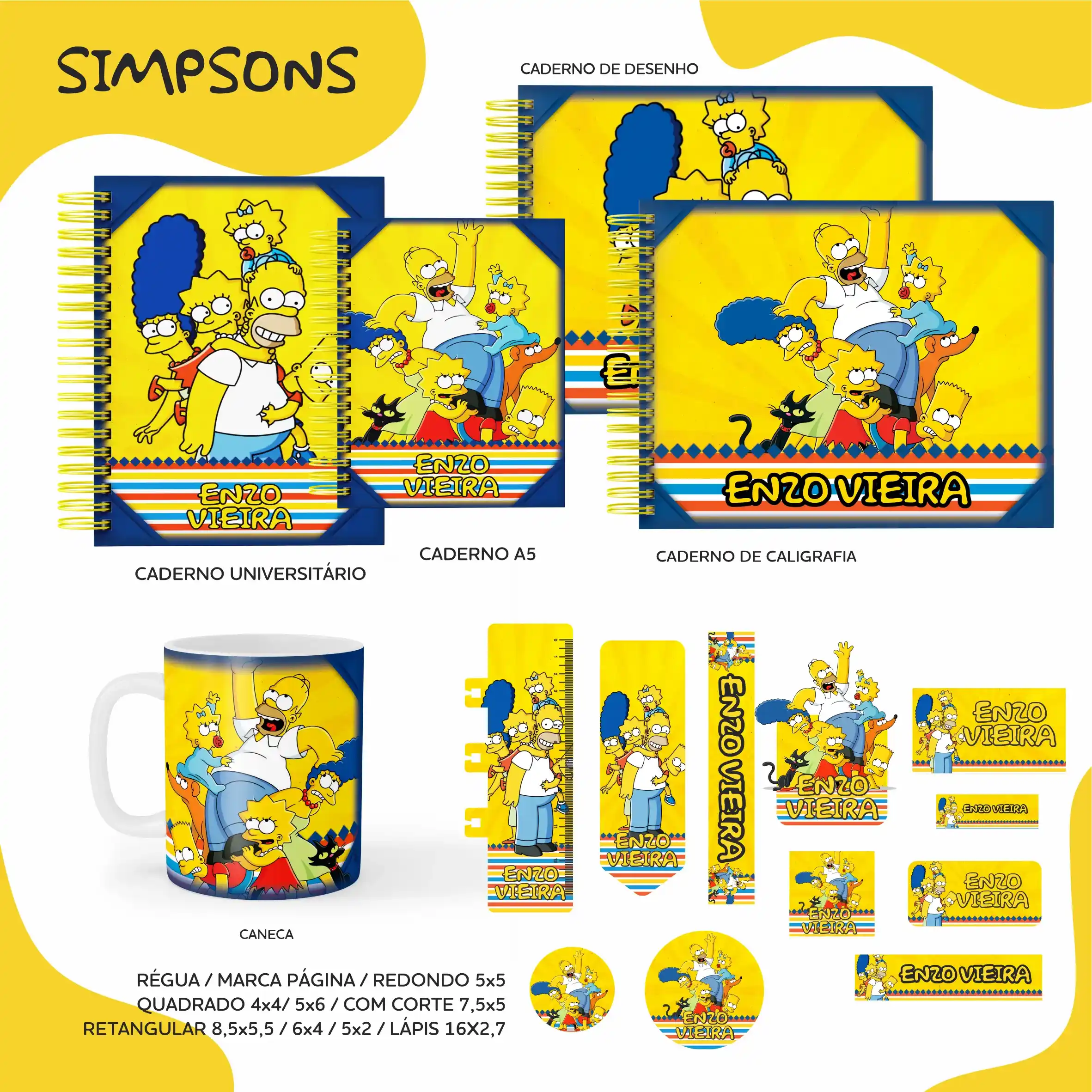 Conjunto de rótulos adesivos escolares em tamanhos variados com os personagens Homer, Marge, Bart, Lisa e Maggie da família Simpsons sorridentes sobre um fundo amarelo vibrante decorado com nuvens brancas, exibindo linhas de contorno em arquivo digital de corte.