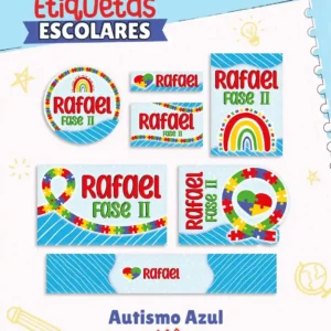 Etiquetas escolares editáveis com o tema autismo, exibindo estampas coloridas do símbolo do quebra-cabeça e fitas da conscientização, com linhas limpas e espaços vazios para preenchimento de identificação.
