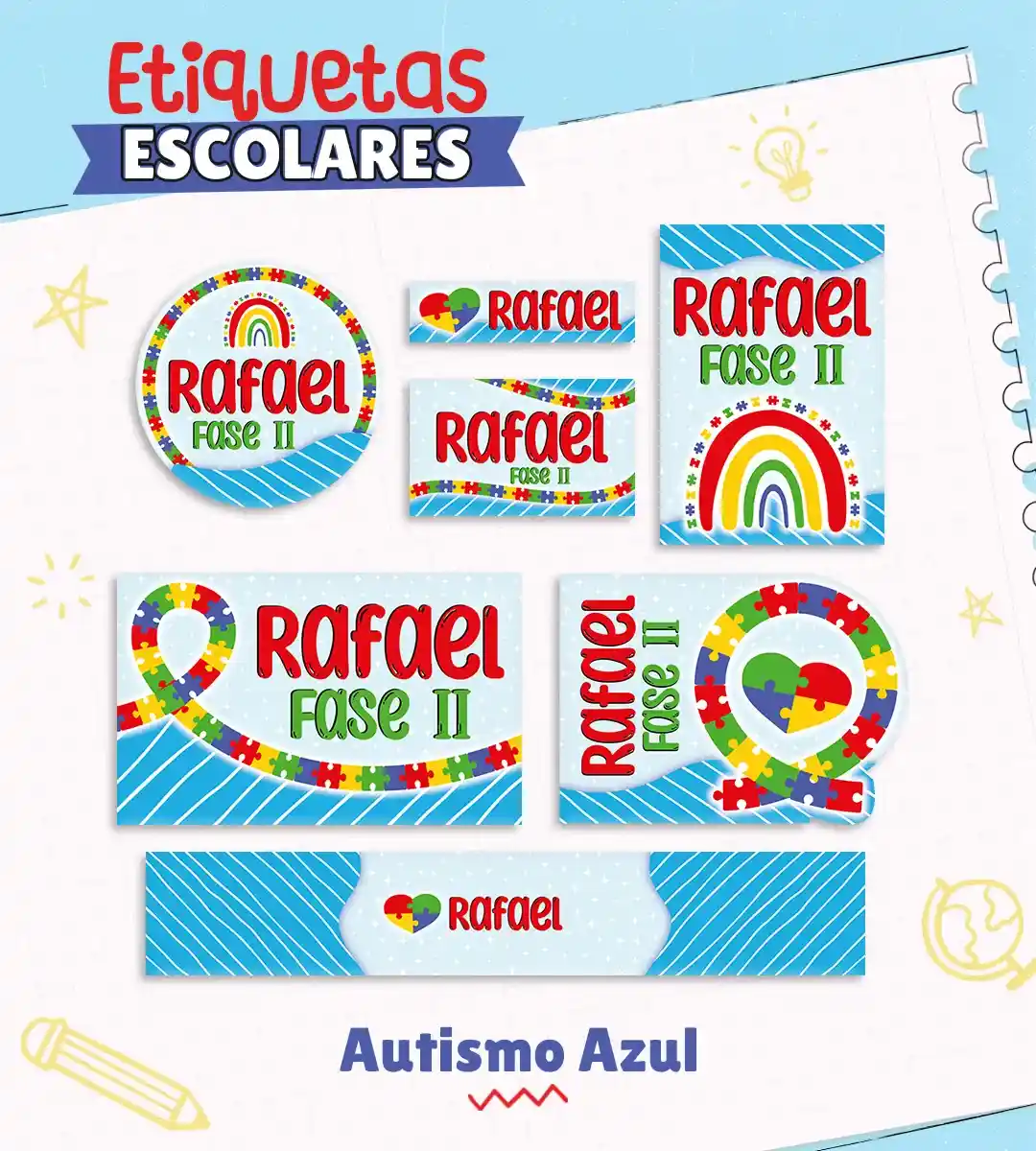 Etiquetas escolares editáveis com o tema autismo, exibindo estampas coloridas do símbolo do quebra-cabeça e fitas da conscientização, com linhas limpas e espaços vazios para preenchimento de identificação.