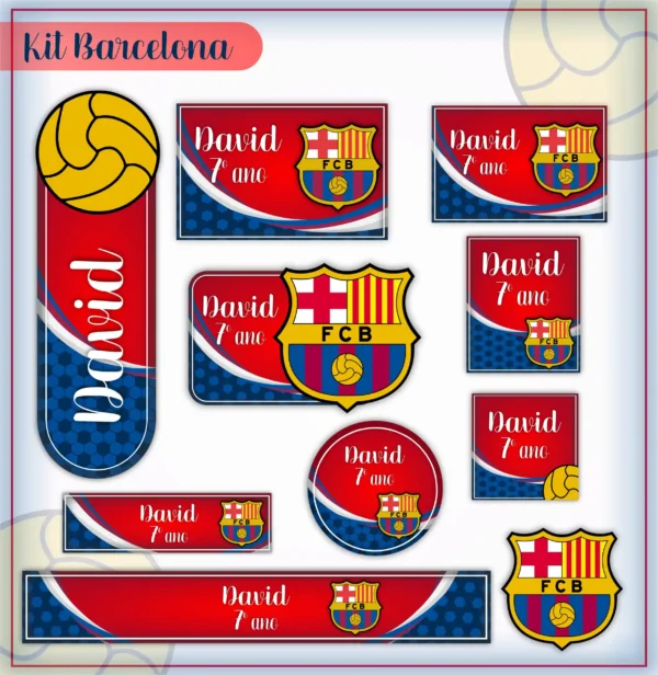 Etiquetas escolares personalizadas com o tema do time do Barcelona para editar e organizar cadernos.