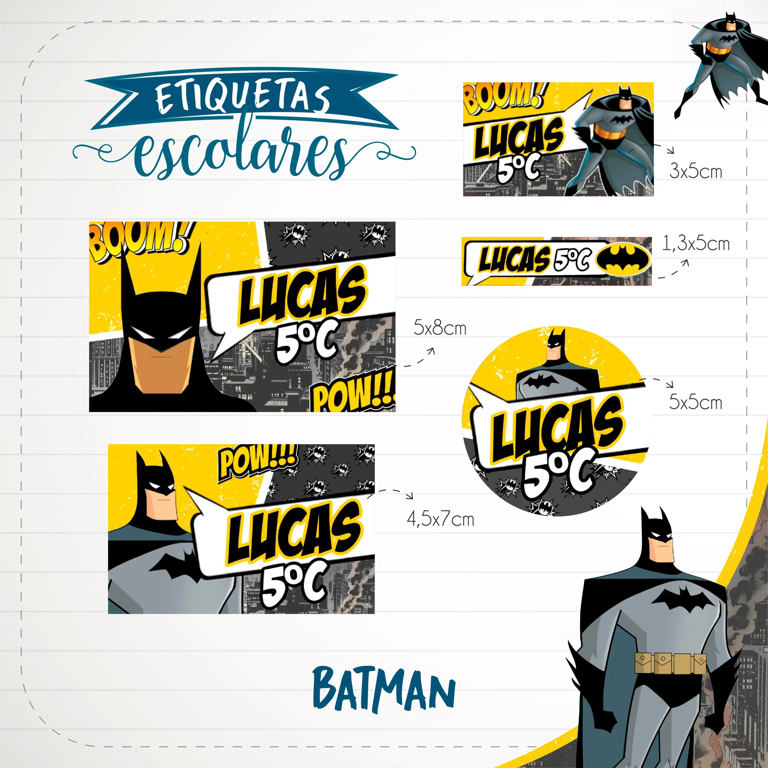 Conjunto de rótulos adesivos para organização em tamanhos variados com o herói Batman saltando entre prédios e o icônico símbolo do morcego em fundo escuro, exibindo linhas de contorno em arquivo digital de corte.