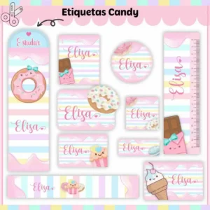 Etiquetas escolares personalizadas com ilustrações de doces, pirulitos e cupcakes para editar e imprimir.