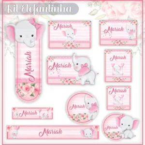 Molde digital de etiquetas escolares no tema elefantinha rosa, exibindo uma filhote de elefante com laço na cabeça ao lado de nuvens e caixas de texto em branco totalmente editáveis.