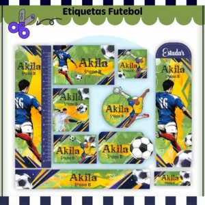 Etiquetas escolares editáveis com estampa de fundo de campo de futebol verde, ilustrações de bolas e redes, contendo divisórias brancas para escrever o nome do aluno e matérias.