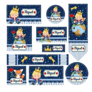 Conjunto de rótulos adesivos escolares em tamanhos variados com o clássico personagem Pequeno Príncipe em seu traje azul, em pé sobre um pequeno planeta cercado por estrelas douradas e sua rosa vermelha sob uma cúpula, exibindo linhas de contorno em arquivo digital de corte.